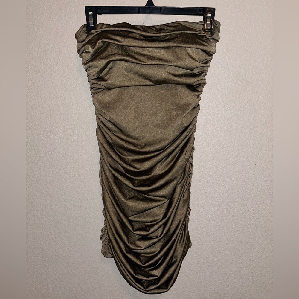 Skylar + Madison Silky Olive Ruched Mini Dress